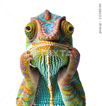 Beautiful Contemplative Chamaeleon with His Hands on His Chin Isolated on a White Background. 112306184