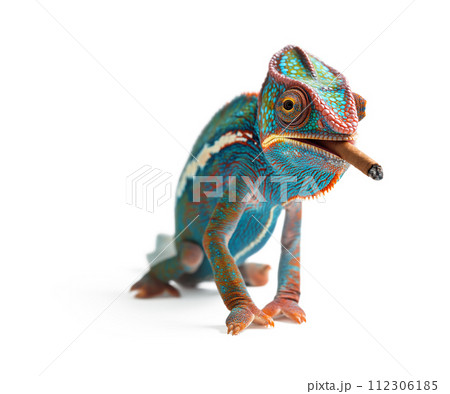 Beautiful Chameleon Smoking a Cigar Isolated on a White Background. 112306185