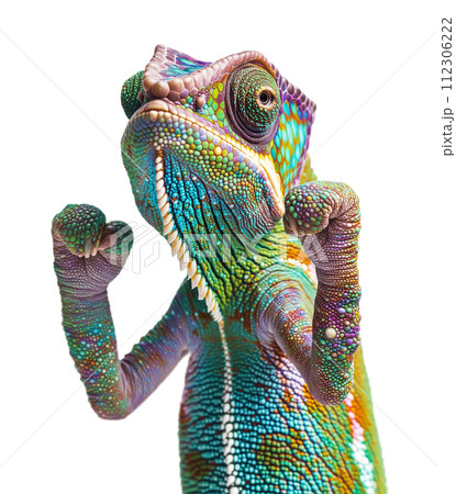Beautiful Chameleon Standing Ready to Fight with His Fists Up Isolated on a White Background. 112306222
