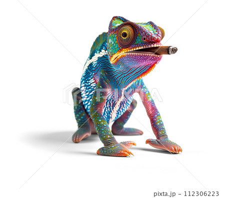 Beautiful Chameleon Smoking a Cigar Isolated on a White Background. Beautiful Chameleon Smoking a Cigar Isolated on a White Background. 112306223