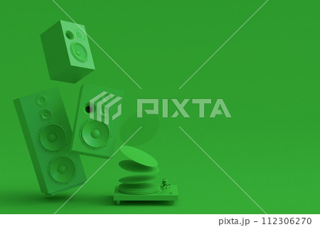 Set of Hi-fi speakers and DJ turntable for sound recording studio on monochrome 112306270