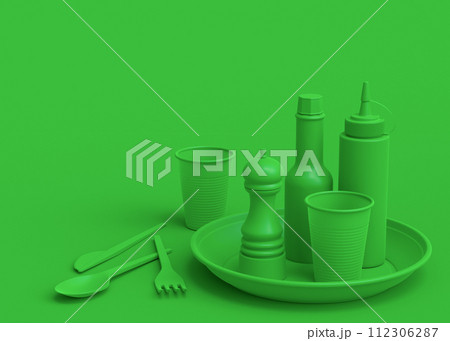 Set of disposable utensils like plate, folk, spoon,knife, cup and pepper mill Set of disposable utensils like plate, folk, spoon,knife, cup and pepper mill 112306287