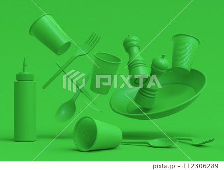 Set of disposable utensils like plate, folk, spoon,knife, cup and pepper mill Set of disposable utensils like plate, folk, spoon,knife, cup and pepper mill 112306289