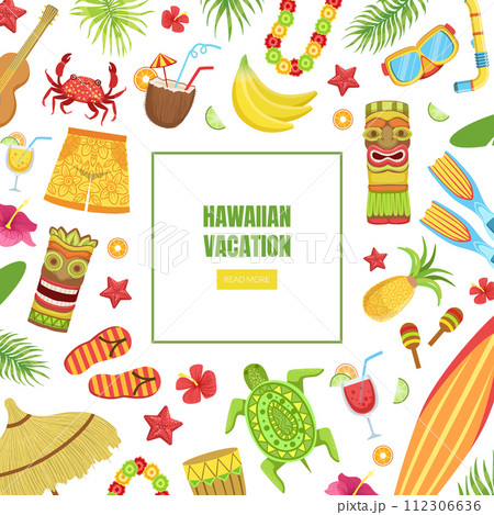 Hawaiian Vacation Landing Page Template with Travelling Symbols Seamless Pattern Vector Illustration Hawaiian Vacation Landing Page Template with Travelling Symbols Seamless Pattern Vector Illustration 112306636