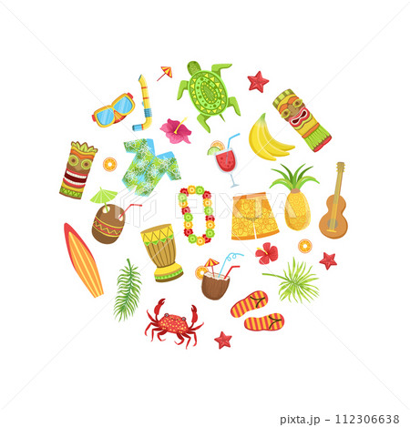 Hawaiian Travel Sights and Symbols Pattern of Round Shape, Summer Vacation Adventures Vector Illustration Hawaiian Travel Sights and Symbols Pattern of Round Shape, Summer Vacation Adventures Vector Illustration 112306638