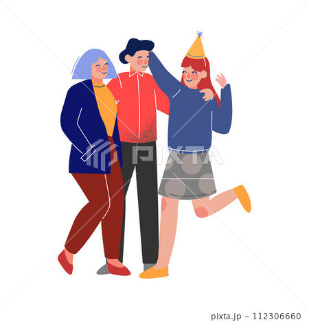 Happy Teen Boy and Girls Having Birthday or Festive Party Vector Illustration 112306660