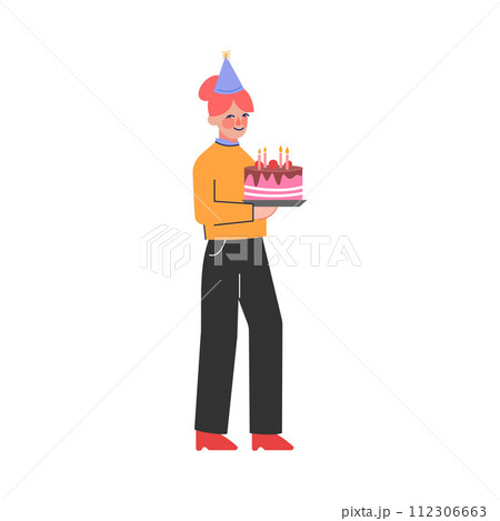 Happy Teen Girl Wearing Party Hat Standing with Cake, Teenager Celebrating Birthday Vector Illustration Happy Teen Girl Wearing Party Hat Standing with Cake, Teenager Celebrating Birthday Vector Illustration 112306663