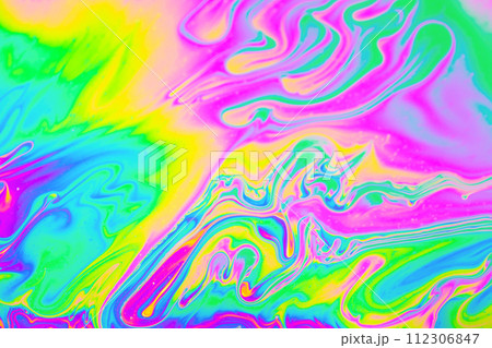 Psychedelic multicolored background abstract. Rainbow colors. patterns background. Photo macro shot of soap bubbles.. 112306847