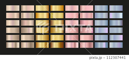 Gold rose, silver, holographic, bronze and golden foil texture gradation set. Vector shiny hologram and metallic gradient collection 112307441