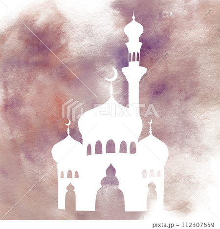 White silhouette of Islamic mosque and minaret with crescent moon illustration isolated on watercolor background. Muslim hand drawn holiday Ramadan Kareem or Eid Al Adha 2024. For designers, prints, 112307659