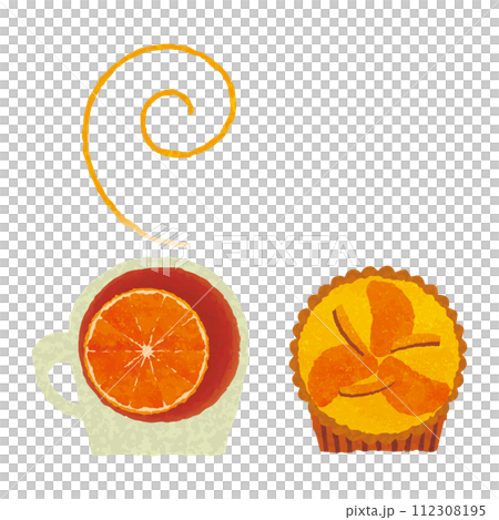 ティータイム_みかんの紅茶とタルト_水彩タッチ 112308195