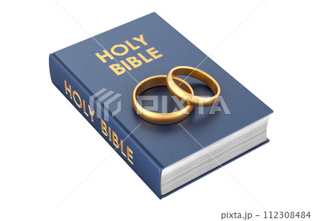 Holy bible with golden wedding rings, 3D rendering 112308484