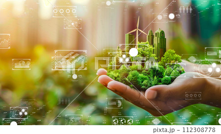 都市の背景、環境に優しいイノベーションを備えた持続可能なテクノロジーのテーマ。環境のデジタル変革。 112308778