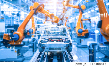 AI 制御ロボット、未来的なインターフェース要素。 IoT とインダストリー 4.0のイメージ。 AI 制御ロボット、未来的なインターフェース要素。 IoT とインダストリー 4.0のイメージ。 112308813