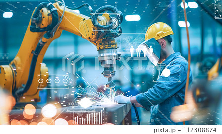 AI 制御ロボット、未来的なインターフェース要素。 IoT とインダストリー 4.0のイメージ。 112308874