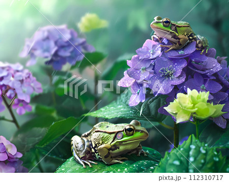 梅雨時の紫陽花と蛙のリアルイラスト 梅雨時の紫陽花と蛙のリアルイラスト 112310717