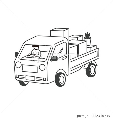 荷物を載せた引っ越しトラックのイラスト　運転手あり、猫なし 112310745