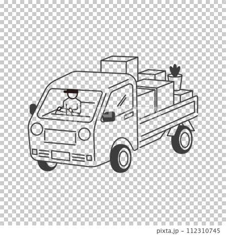 荷物を載せた引っ越しトラックのイラスト　運転手あり、猫なし 112310745