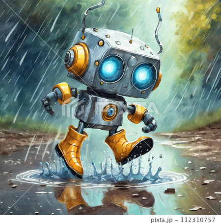 水たまりで遊ぶロボットのイラスト　AI画像 112310757