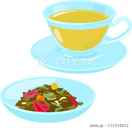 ブレンドしたハーブティーの茶葉とティーカップ 112310852