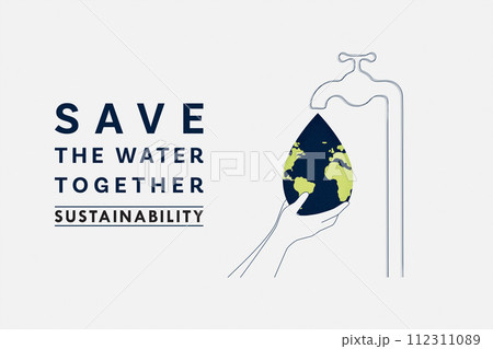 Save Water Concept. Hand holding drop of water from faucet. Sustainable ecology and environment conservation concept design. Vector illustration. 112311089