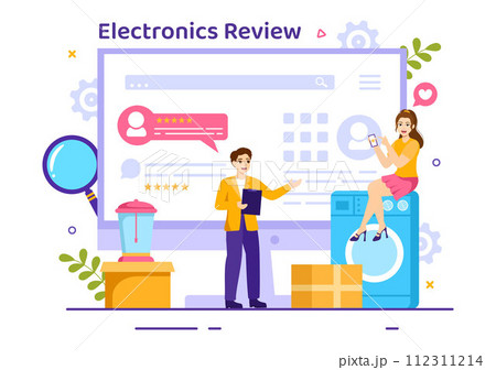 Electronics Review Vector Illustration with Customer Rating Quality of Service or Application and Provide Feedback in Flat Cartoon Background Electronics Review Vector Illustration with Customer Rating Quality of Service or Application and Provide Feedback in Flat Cartoon Background 112311214
