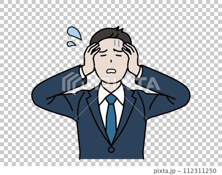 頭を抱えて困っている会社員の男性、ビジネスマン 112311250