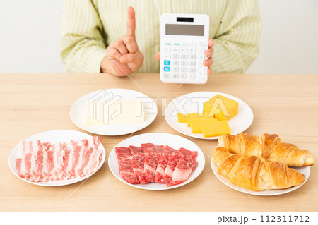 脂質を多く含む食品と電卓を持って人差し指を立てる女性 112311712