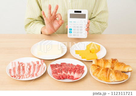 脂質を多く含む食品と電卓を持って丸サインをする女性 脂質を多く含む食品と電卓を持って丸サインをする女性 112311721