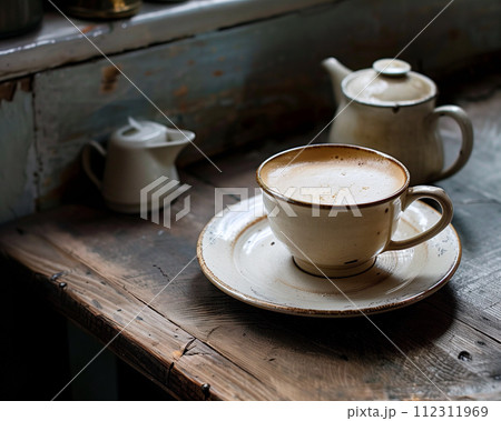 古びた木製テーブルの上の淹れたてコーヒー 古びた木製テーブルの上の淹れたてコーヒー 112311969