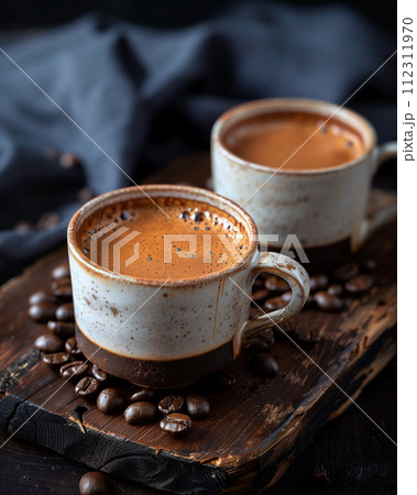 古びた木製テーブルの上の淹れたてコーヒー 古びた木製テーブルの上の淹れたてコーヒー 112311970
