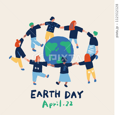 アースデイをイメージする手を繋ぐ人々と地球のイラスト アースデイをイメージする手を繋ぐ人々と地球のイラスト 112312128