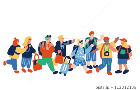 インバウンドや旅行をイメージする人々のシンプルでフラットなイラストセット 112312138