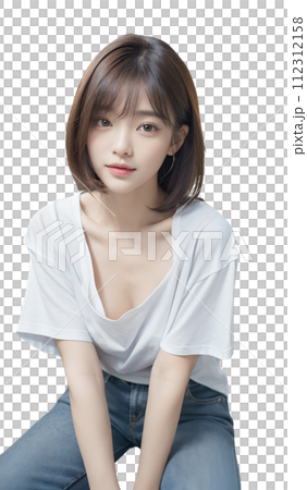 Beautiful woman sitting in light clothes and looking at me in summer Beautiful woman sitting in light clothes and looking at me in summer 112312158