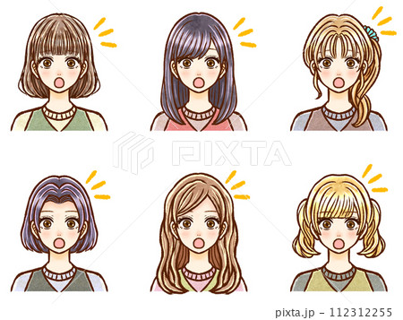 びっくりする大人女性の髪型イラスト素材セット 112312255