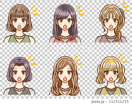 びっくりする大人女性の髪型イラスト素材セット 112312255