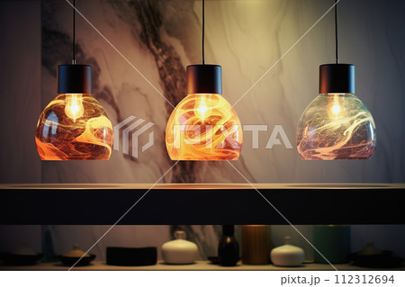 AI-generated content. Three orange hued pendant lights radiate against sleek marble background 112312694