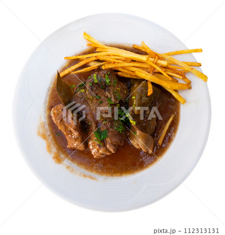Portion of veal fillet with mushrooms cooked in large amount of fragrant gravy. Portion of veal fillet with mushrooms cooked in large amount of fragrant gravy. 112313131