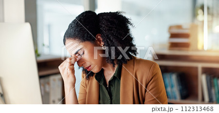 Business woman, headache and stress on computer for Human Resources fail, mistake or payroll error online. Professional african person or HR worker with glasses, pain or sad on desktop for bad news Business woman, headache and stress on computer for Human Resources fail, mistake or payroll error online. Professional african person or HR worker with glasses, pain or sad on desktop for bad news 112313468