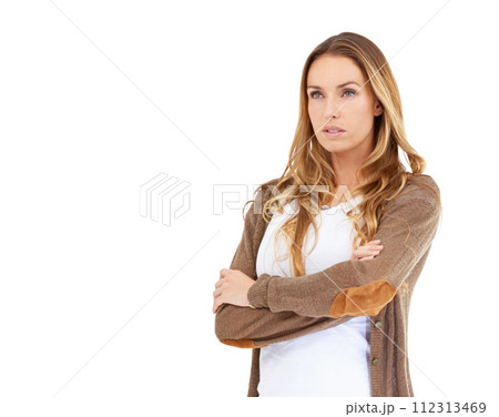 Casual fashion, confidence and woman in studio with arms crossed, thinking and mockup space. Calm face, relax and weekend style for serious woman with idea, reflection and insight on white background Casual fashion, confidence and woman in studio with arms crossed, thinking and mockup space. Calm face, relax and weekend style for serious woman with idea, reflection and insight on white background 112313469