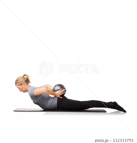 Exercise ball, fitness and woman with workout, stretching and wellness isolated on a white studio background. Person, mockup space and girl with training, healthy and breathing with balance and body Exercise ball, fitness and woman with workout, stretching and wellness isolated on a white studio background. Person, mockup space and girl with training, healthy and breathing with balance and body 112313755