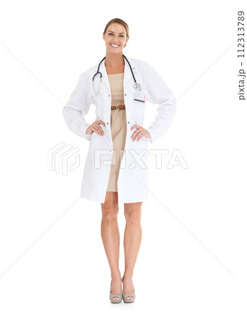 Doctor, happy woman or portrait in studio with pride or confidence in medical career as cardiologist. Full body, coat or medicine consultant with smile or healthcare isolated on white background Doctor, happy woman or portrait in studio with pride or confidence in medical career as cardiologist. Full body, coat or medicine consultant with smile or healthcare isolated on white background 112313789