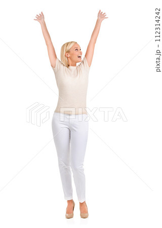 Woman, winner and arms up in studio for success, winning and achievement with fashion, bonus or sale. Excited person in heels and stylish clothes with yes, wow and celebration on a white background Woman, winner and arms up in studio for success, winning and achievement with fashion, bonus or sale. Excited person in heels and stylish clothes with yes, wow and celebration on a white background 112314242