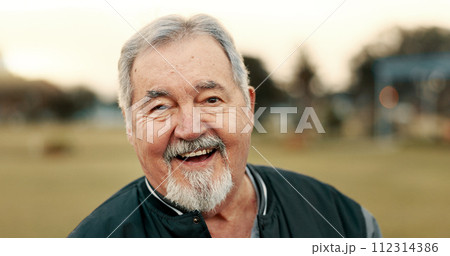 Face, elderly man and funny in park on vacation, holiday or travel in winter. Portrait, happy and senior person in the countryside, nature and garden for laughing, retirement and outdoor in Canada Face, elderly man and funny in park on vacation, holiday or travel in winter. Portrait, happy and senior person in the countryside, nature and garden for laughing, retirement and outdoor in Canada 112314386