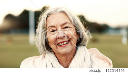Face, elderly woman and happy in nature on vacation, holiday or travel in winter. Portrait, smile and person in the countryside, park or garden for wellness, freedom and wind in hair in retirement Face, elderly woman and happy in nature on vacation, holiday or travel in winter. Portrait, smile and person in the countryside, park or garden for wellness, freedom and wind in hair in retirement 112314393