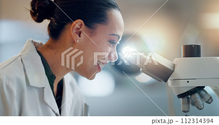 Science, research and happy woman with microscope, technology or biotech data in laboratory. Medical innovation, scientist or lab technician in study in healthcare, medicine or pharmaceutical future Science, research and happy woman with microscope, technology or biotech data in laboratory. Medical innovation, scientist or lab technician in study in healthcare, medicine or pharmaceutical future 112314394