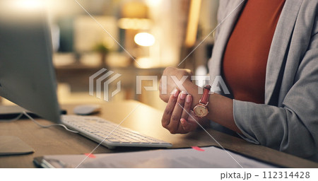 Business woman, hands and wrist pain in office at computer from osteoporosis, orthopedic joint and working late. Closeup of employee with carpal tunnel injury, fibromyalgia and muscle fatigue at desk 112314428
