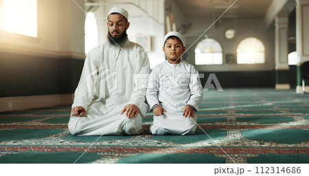 Muslim, praying and father with child in Mosque for spiritual religion together or teaching to worship Allah. Islamic, Arabic and parent with kid for peace or respect as gratitude, trust and hope 112314686