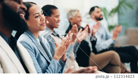 Business people, woman and team applause in conference, tradeshow and support feedback of success. Happy employees, audience and clapping in celebration, praise or winning award at seminar convention 112314823