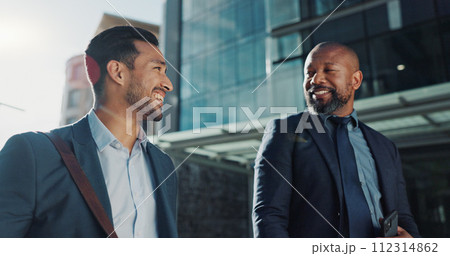 City, laughing and walking with business men outdoor together on morning commute to corporate job. Collaboration, travel or funny with mentor and employee on sidewalk or street of urban town City, laughing and walking with business men outdoor together on morning commute to corporate job. Collaboration, travel or funny with mentor and employee on sidewalk or street of urban town 112314862